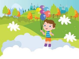 Little boy cartoon character holding colorful balloons at the park