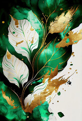leaf in marble style with golden glitter and abstract colors