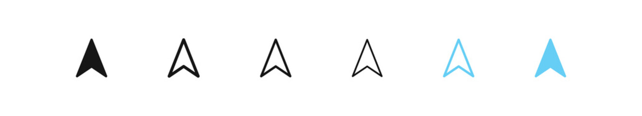 GPS arrow icon. Navigation sign. Location symbol. Direction symbols. Black and blue color. Vector sign.