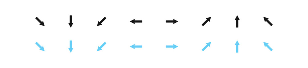 Arrow icon. Up, down, left, right, diagonally direction signs. Navigation line symbol. Black and blue color. Vector sign.