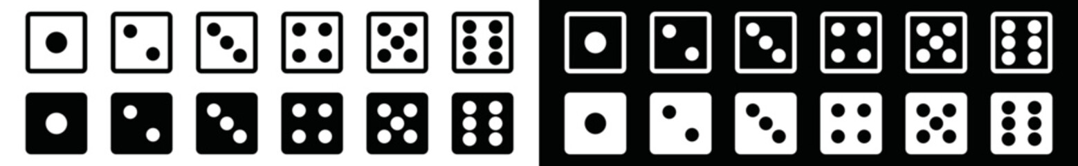 Dices icon set. Dices to gamble or gambling in casino game with two-tones black and white for apps and websites, vector illustration