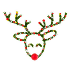Beautiful Christmas Wreath Reindeer with red orbs and snowflakes and shiny stars on transparent background (RGBA 3D Rendering PNG)