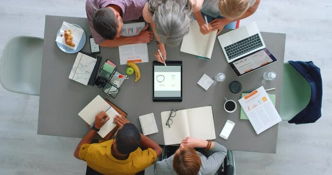 Top view, teamwork and engineering meeting with technology, data analysis paper or research documents for prototype innovation. Men, women and diversity collaboration in product management or design