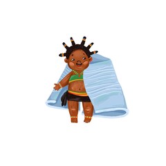 A child is playing with garbage. A plastic cup in the hands of a small dark-skinned kid. The logo of the fight against pollution of the planet.