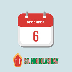 Vector illustration of red calendar 6th december Saint Nicholas Day blue background. Celebrate winter holidays.