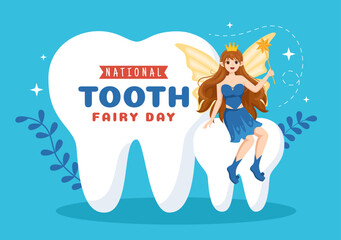 National Tooth Fairy Day with Little Girl to Help Kids for Dental Treatment Fit as a Poster in Flat Cartoon Hand Drawn Template Illustration