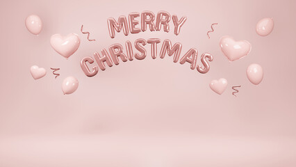 Christmas and New Year Party Pink background 3d Rendering. Xmas ornaments with Hearts decorations balloons.