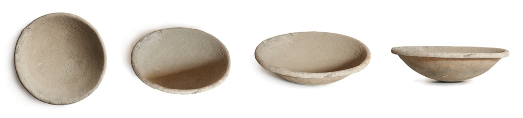 cement mixing tray, empty and used mortar or concrete mixing container isolated on white background, taken in different angles, collection