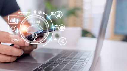 Hand holding virtual cloud computing with world and technology item such as upload download. Cloud technology management big data include business strategy , customer.