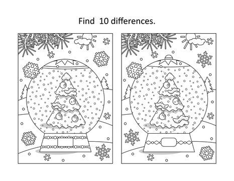 Winter holidays, New Year or Christmas snowglobe with christmas tree find the differences picture puzzle and coloring page
