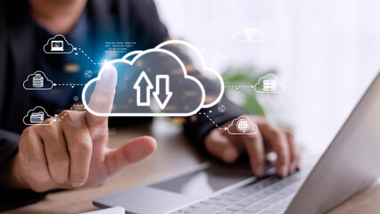 Cloud computing concept - connect to cloud. Businessman or information technologist click on cloud computing icon.