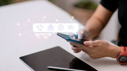 CONTACT US, Hand of people holding mobile smartphone with ( mail, phone, email, chat ) icon. customer support concept,