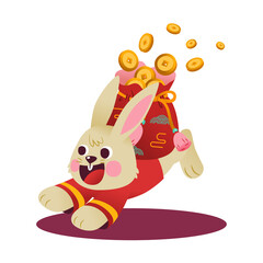 Rabbit In Traditional Chinese Costume With Full Coin In Red Bag Illustration