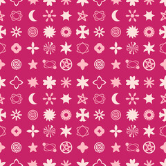 Modern bold brutalist sun and stars seamless pattern. Perfect abstract print for tee, textile and fabric. Geometric illustration for decor and design.