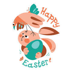 Cartoon Easter holiday card with bunny, bird and egg. Emotional rabbit is holding an egg, and the chicken is standing on his head. Concept of spring egg hunt.