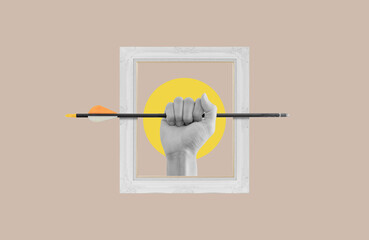 Digital collage modern art. Hand holding arrow in picture frame