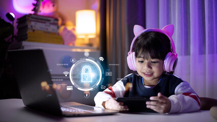 Child safety online. Little girl using smartphone at home. icon of internet blocking app on foreground