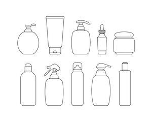 Set of simple outline cosmetic bottles in minimalistic style, include containers for Cream, Lotion, Shampoo, Spray and Soap, Foam for design. Isolated on white background