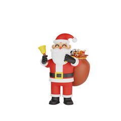 3d rendering of santa playing new year bells while carrying sack of gifts