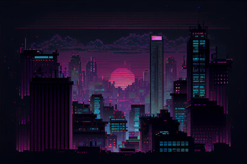 Pixel art of a cyberpunk city at night, 8 bit art