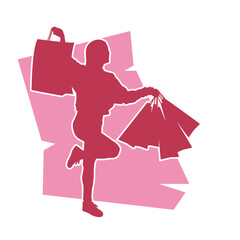 Young woman carrying shopping bag. Vector Red silhouette. on red background.