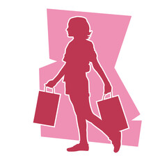 Young woman carrying shopping bag. Vector Red silhouette. on red background.