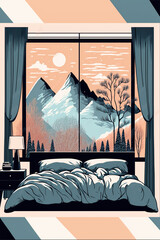 Illustration of a retro interior of a bedroom with a big window showing the pink sky and very tall mountains during christmas season