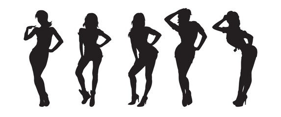 Set silhouette of young slim women standing pose. Isolated vector people. on white.