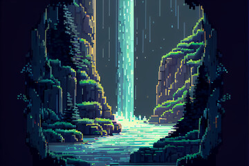 8 Bit Pixel Art forest waterfall