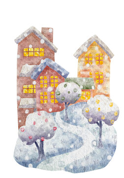Christmas house watercolor illustration clipart, colorful Christmas house isolated on white background, cute Christmas village on snow hill in winter season, hand drawn painting for printing on card.