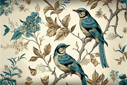 Blue toile pattern with blue birds