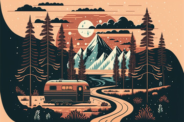 Retro postcard illustration of a van on a roadtrip in the forest by night, beautiful orange and green tones