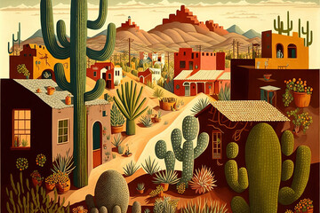 Obraz premium southwest adobe neighborhood, with cactus landscape, AI assisted finalized in Photoshop by me 