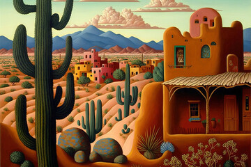 Naklejka premium southwest adobe neighborhood, with cactus landscape, AI assisted finalized in Photoshop by me 