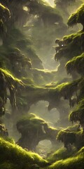 霧が覆う太古の樹木の渓谷