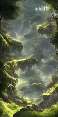 霧が覆う太古の樹木の渓谷