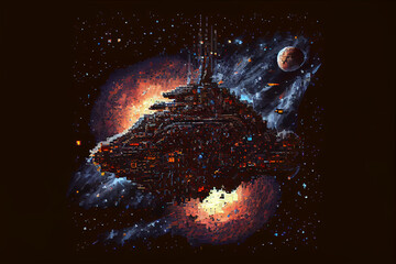 8 bit pixel art of a spaceship in deep space