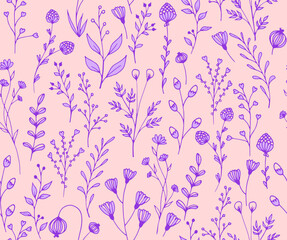 Floral fabric print for dress with cute tiny meadow flowers abstract illustration in hand drawn style