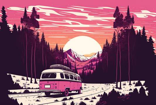 Retro postcard of a traveling pink van crossing the road on a beautiful forest at sunset with pink tones