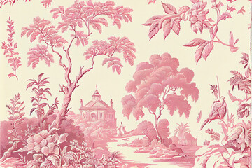 Pink toile fabric pattern