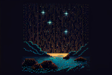 Pixel art Meteor shower, starry night sky