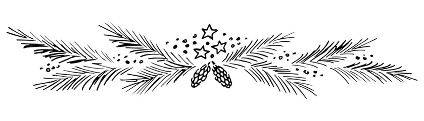 Simple hand drawn black outline vector drawing. Border of coniferous branches, cones and snow. Christmas garland, divider. Sketch in ink.