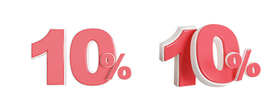3d render 10 percent discount red and white numbers isolated transparent background