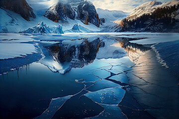 Cracks on the surface of the blue ice. Frozen lake in winter mountains. Digital art