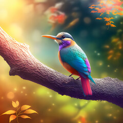 A lovely bird perched on a tree branch, its feathers illuminated by the sun's warm rays.
