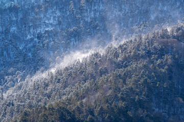 Snowy mountain slope on sunny winter day. Ingushetia, Caucasus, Russia.