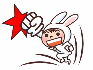 着ぐるみを着てウサギパンチをする男の子