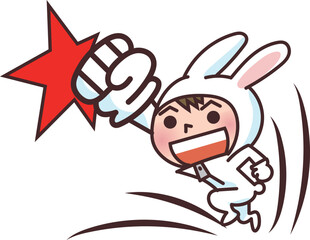 着ぐるみを着てウサギパンチをする男の子