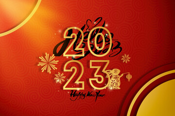 2023 Chinese New Year greeting card Zodiac sign with paper cut. Year of the Rabbit. Golden and red ornament. Concept for holiday banner template. Translation : Happy chinese new year 2023