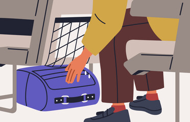 Plane passenger placing hand luggage under seat in front of his chair. Air tourist putting personal bag, baggage underneath for storage during aircraft flight for safety. Flat vector illustration